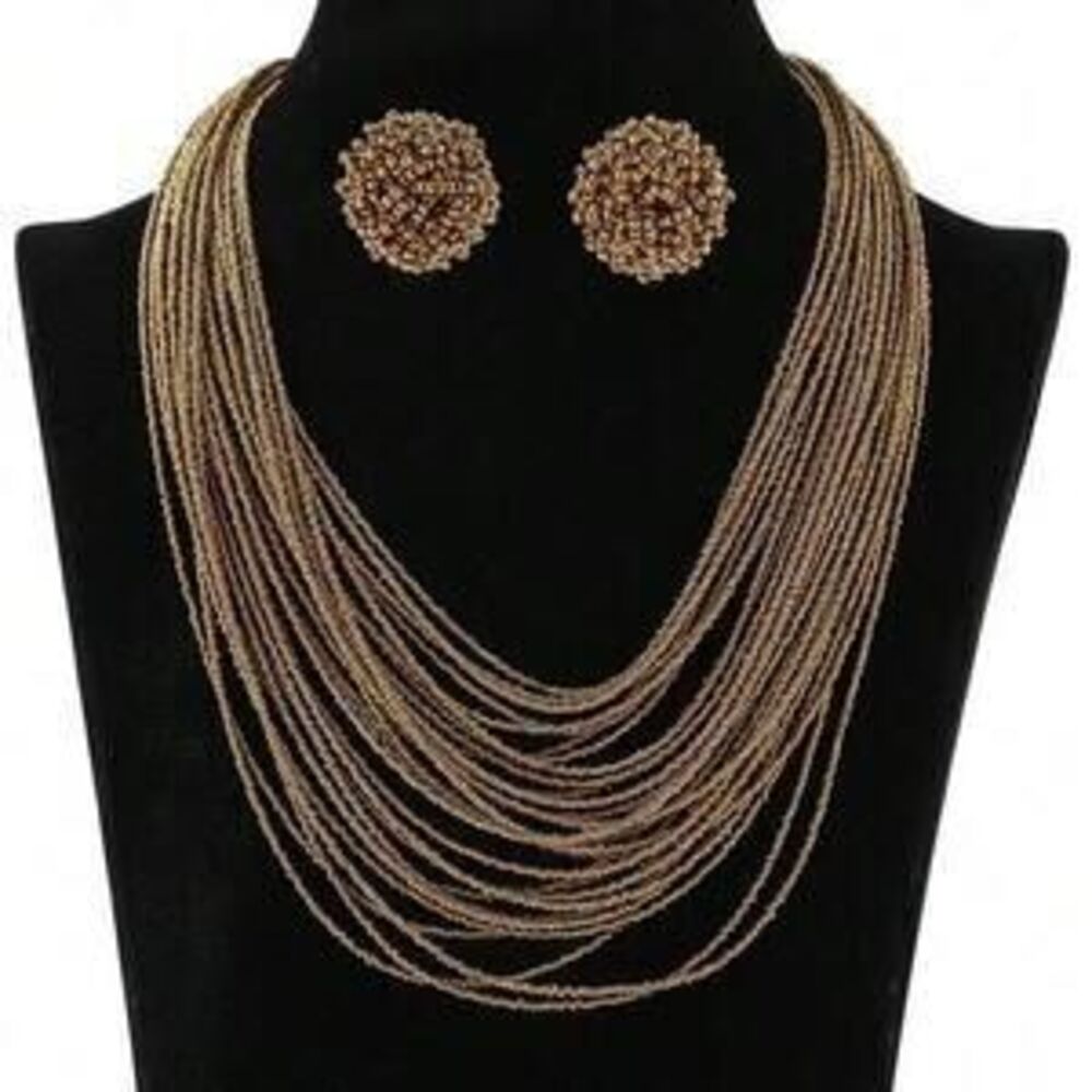 Bohemian Multi-Strand Rice Bead Necklace And Earring Set,Vintage And , Ev